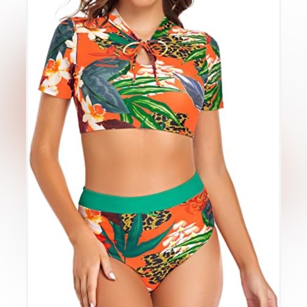 EDEL QUAL tropical pattern high waist crop top w cap sleeve swimsuit set NWT